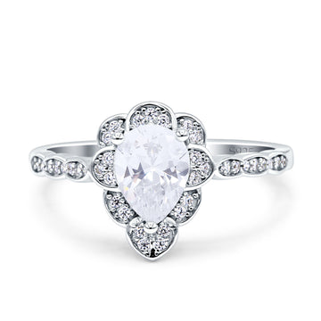 Teardrop Pear Shape Halo Engagement Ring Simulated Cubic Zirconia 925 Sterling Silver